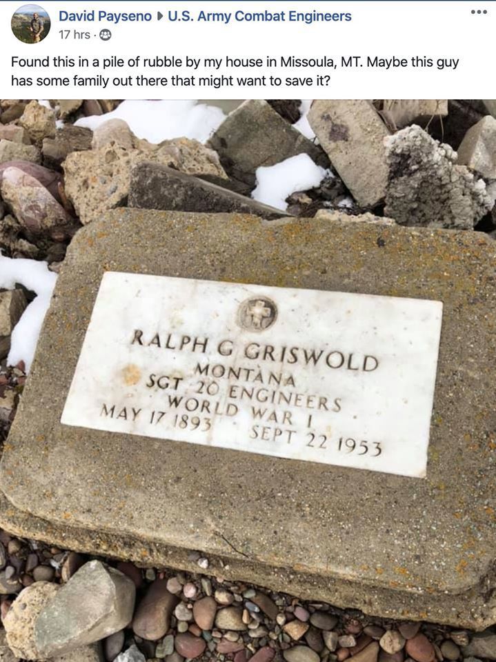 Gravestone found in Missoula rubble, posted online by veteran